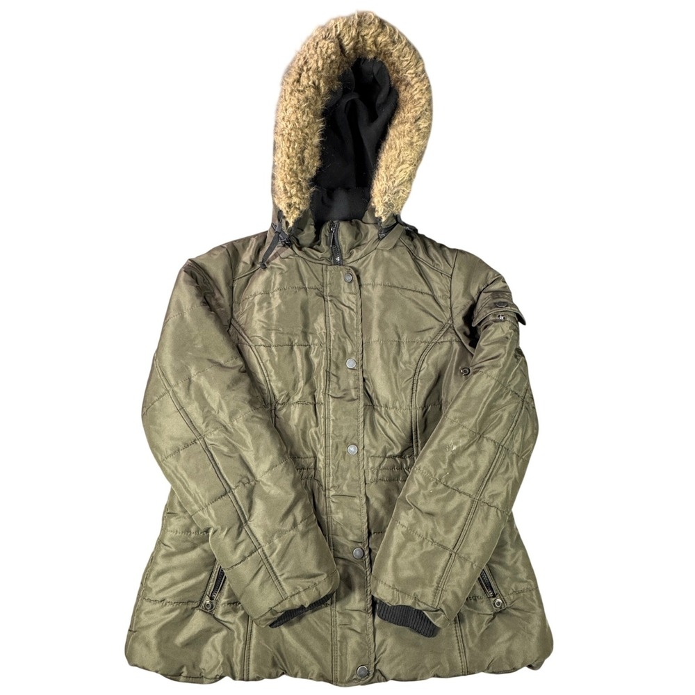 Intl Details Puffer Jacket Mens L Olive Green Hooded Faux Fur Trim Winter Coat
